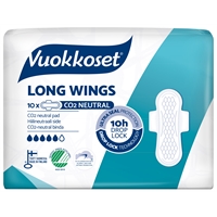 Terveysside Vuokkoset Long Wings ohut /10 - 100 % luomupuuvillaa, normaalia pidempi