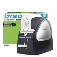 Tarratulostin Dymo LabelWriter 450 Duo - osoitetarrat ja D1-teippi samasta laitteesta