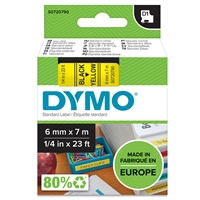 Tarrakasetti Dymo D1 6mm x 7m keltainen/musta - 100 % kierrätysmuovia, FSC-sertifioitu tarrapaperi
