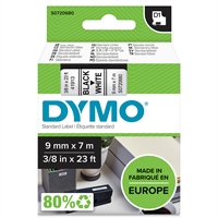 Tarrakasetti Dymo D1 41913 9mm valkoinen/musta - 100 % kierrätysmuovia, FSC-sertifioitu tarrapaperi