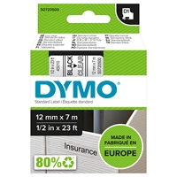 Tarrakasetti Dymo D1 45010 12mm kirkas/musta - 100 % kierrätysmuovia, FSC-sertifioitu tarrapaperi