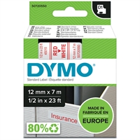 Tarrakasetti Dymo D1 45015 12mm valk/punainen - 100 % kierrätysmuovia, FSC-sertifioitu tarrapaperi