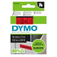 Tarrakasetti Dymo D1 45017 12mm punainen/musta - 100 % kierrätysmuovia, FSC-sertifioitu tarrapaperi