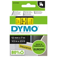 Tarrakasetti Dymo D1 45018 12mm keltainen/musta - 100 % kierrätysmuovia, FSC-sertifioitu tarrapaperi