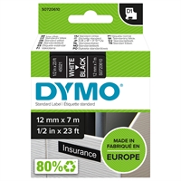 Tarrakasetti Dymo D1 45021 12mm musta/valkoinen - 100 % kierrätysmuovia, FSC-sertifioitu tarrapaperi