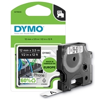 Tarrakasetti Dymo D1 nylon 12mm valkoinen/musta - 100 % kierrätysmuovia, FSC-sertifioitu tarrapaperi