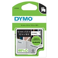 Tarrakasetti Dymo D1 permanent 12mm valk/musta - 100 % kierrätysmuovia, FSC-sertifioitu tarrapaperi