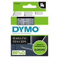 Tarrakasetti Dymo D1 polyesteri 12mm kirk/valk - 100 % kierrätysmuovia, FSC-sertifioitu tarrapaperi