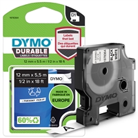 Tarrakasetti Dymo D1 kestotarra 12mm valk/musta - 100 % kierrätysmuovia, FSC-sertifioitu tarrapaperi