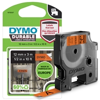 Tarrakasetti Dymo D1 kesto 12mm x 3m oranssi/musta - 100 % kierrätysmuovi, FSC-sertifioitu paperi