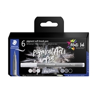 Staedtler Pigment Arts brush pen harmaat /6 - laadukas kuitukynäsarja sivellinkärjellä