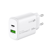 Laturi Q-Connect 25W USB-A ja USB-C valkoinen - oikosulku-, ylilataus- ja ylijännitesuoja