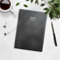Kalenteri 2026 Päiväkirja musta muovikansi parikierresidottu