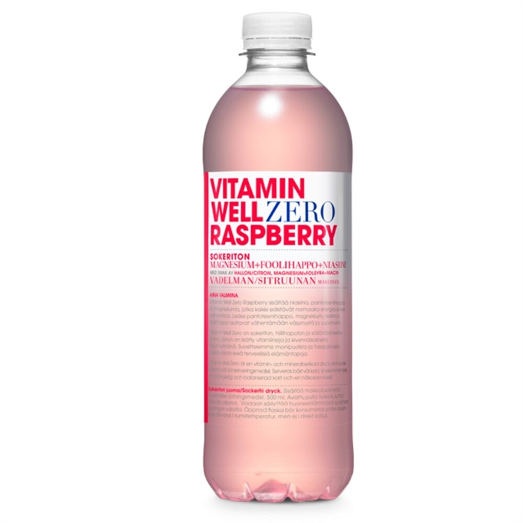 Vitamiinivesi Vitamin Well Zero Vadelma 500 ml (ei sis pant) - hiilihapoton, sokeriton, vadelmainen