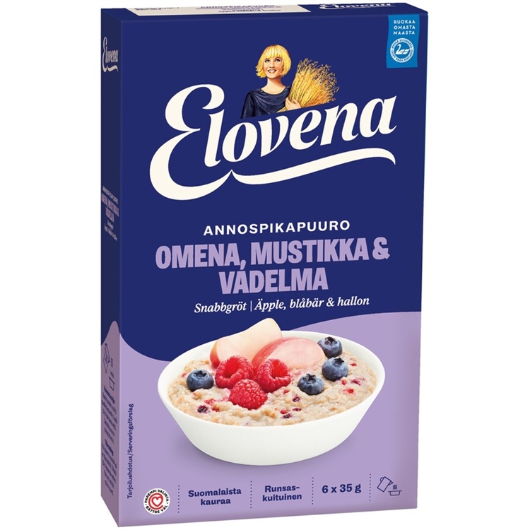 Annospuuro Elovena omena-mustikka-vadelma 6x35g - lisää vain kiehuva vesi, minuutissa valmis!