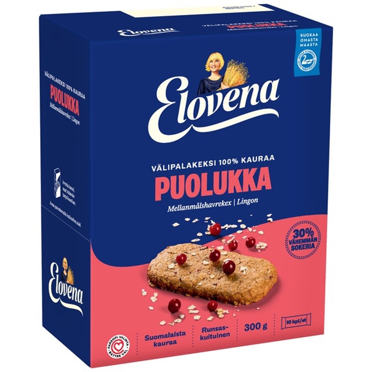 Välipalakeksi Elovena kaura-puolukka 30g /10 - 100% kauraa