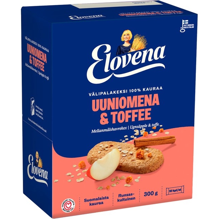 Välipalakeksi Elovena uuniomena-toffee 30g /10 - runsanskuituinen, Suomen Sydänliiton Sydänmerkki