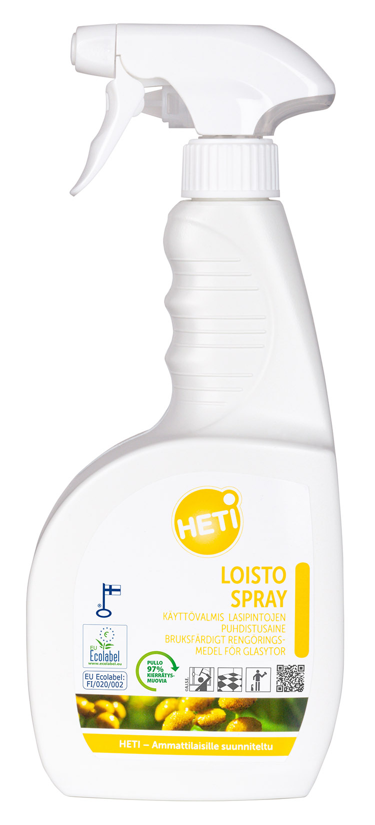 Puhdistusaine lasipinnoille HETI Loisto Spray 750 ml - myös peilipinnoille, estää höyryyntymisen
