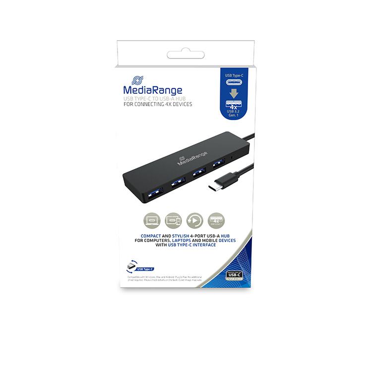 Hub USB-C to 4xUSB A 3.0 Media Range 10m - ei tarvitse ulkoista virtasovitinta