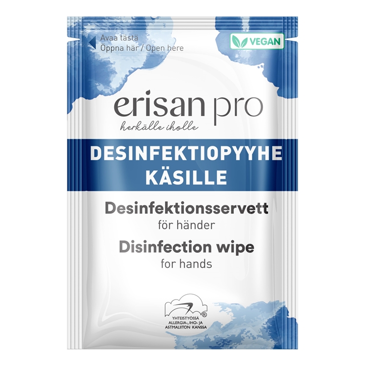 Desinfektioliina käsille Erisan Pro yksittäispakattu /250 kpl - biohajoava, hoitava, hajusteeton