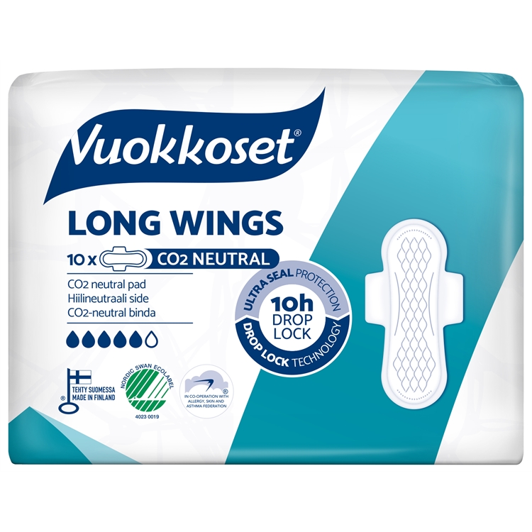 Terveysside Vuokkoset Long Wings ohut /10 - 100 % luomupuuvillaa, normaalia pidempi