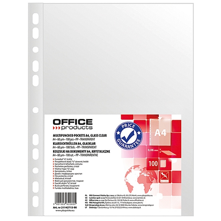 Kansiotasku OFFICE PRODUCTS A4 60 mic PP kirkas /100 - antistaattinen, 11 reiän yleisrei'itys