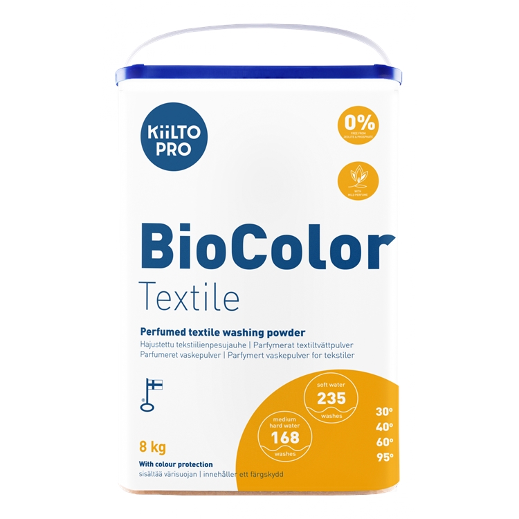 Pyykinpesujauhe Kiilto Pro BioColor Textile 8 kg - ei fosfaattia, ei zeoliittia, sisältää värisuojan