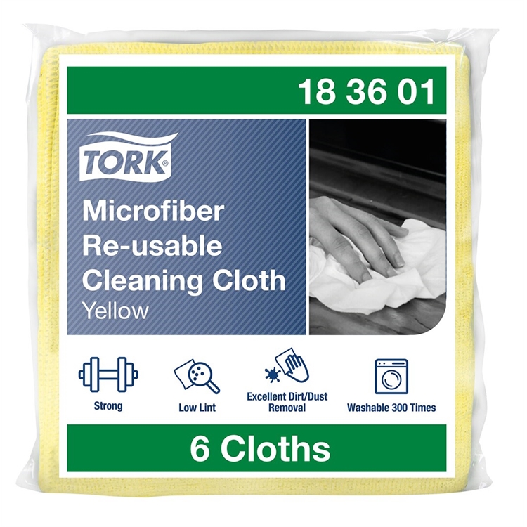 Mikrokuituliina Tork keltainen /6 kpl - uudelleen käytettävä, joutsenmerkitty