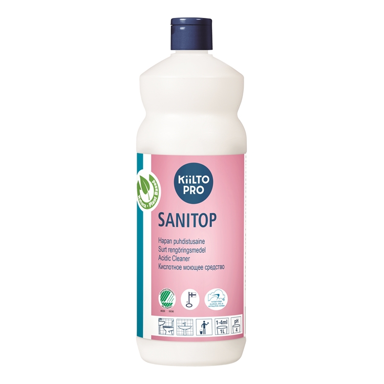 Saniteettipuhdistusaine Kiilto Sanitop 1 l - kasvipohjainen ja biohajoava, poistaa myös saostumat