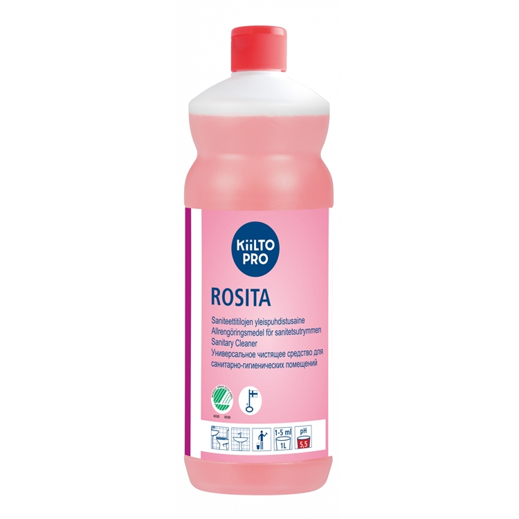 Saniteettitilojen puhdistusaine Kiilto Rosita 1L - kotimainen ja Joutsenmerkitty, ei pisarajälkiä