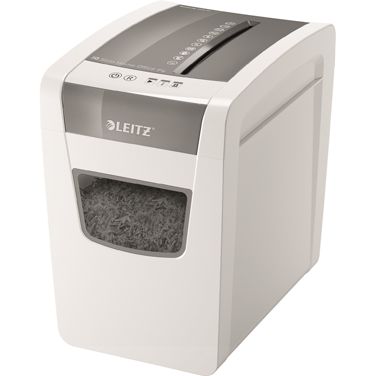 Paperintuhooja Leitz IQ Slim Home Office 4x28mm - silppuri, joka tuhoaa myös niitit ja klemmarit
