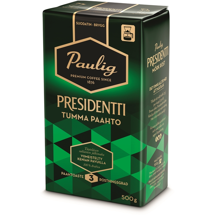 Kahvi Presidentti Tumma Paahto hienojauhatus 500g - tumma ja täyteläinen, suklaisen pehmeä jälkimaku