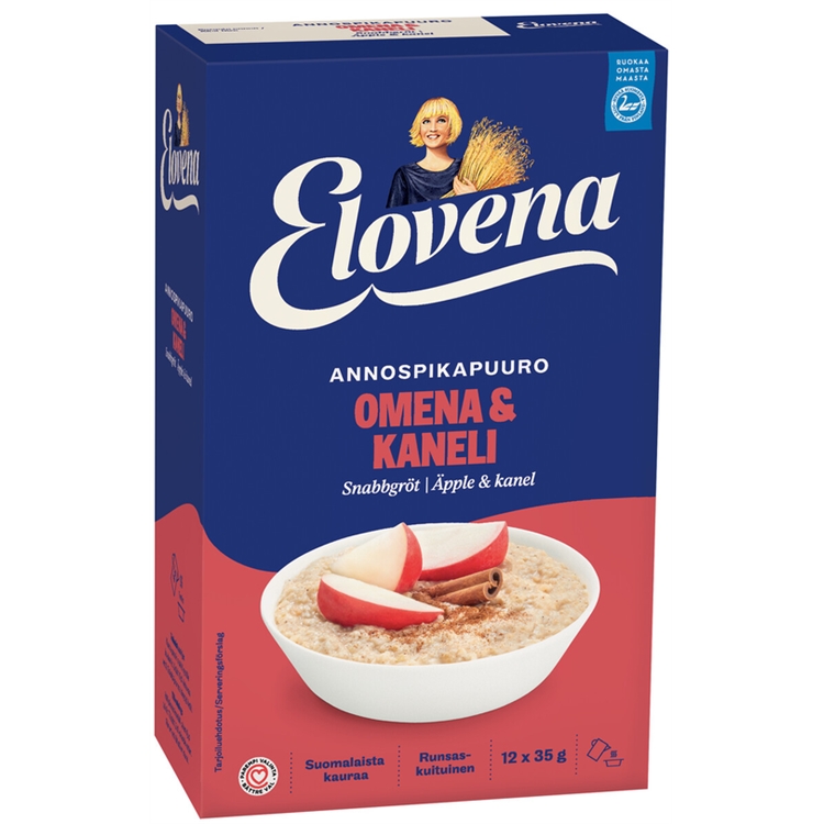 Annospuuro Elovena Omena-Kaneli 35g /12 pss - lisää vain kiehuva vesi, minuutissa valmis!