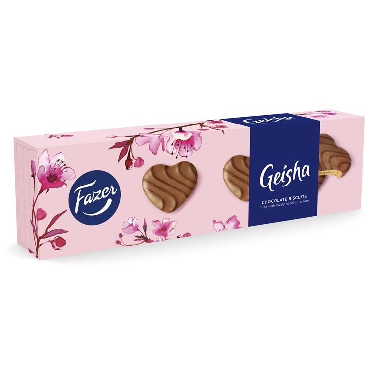 Suklaakeksi Fazer Geisha Bisquit 100 g - maitosuklaakuorrutteinen keksi hasselpähkinätäytteellä