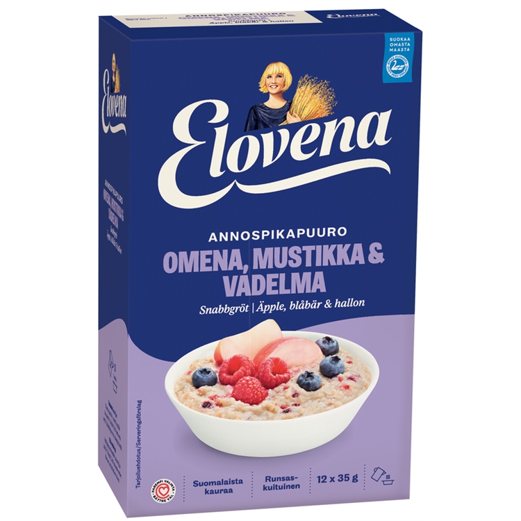 Annospuuro Elovena Omena-Mustikka-Vadelma 35g /12 pss - lisää vain kiehuva vesi, minuutissa valmis!