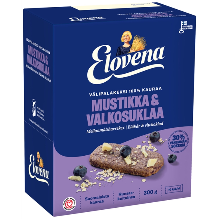 Välipalakeksi Elovena Mustikka-Valkosuklaa 30g /10 kpl - runsaskuituinen, vähälaktoosinen, munaton