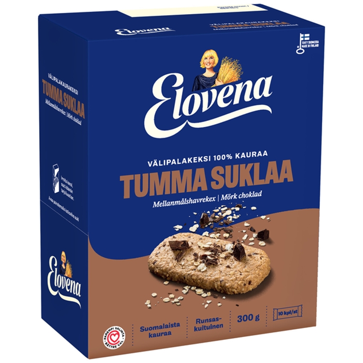 Välipalakeksi Elovena Tumma Suklaa 30g /10 kpl - runsaskuituinen, laktoositon, munaton