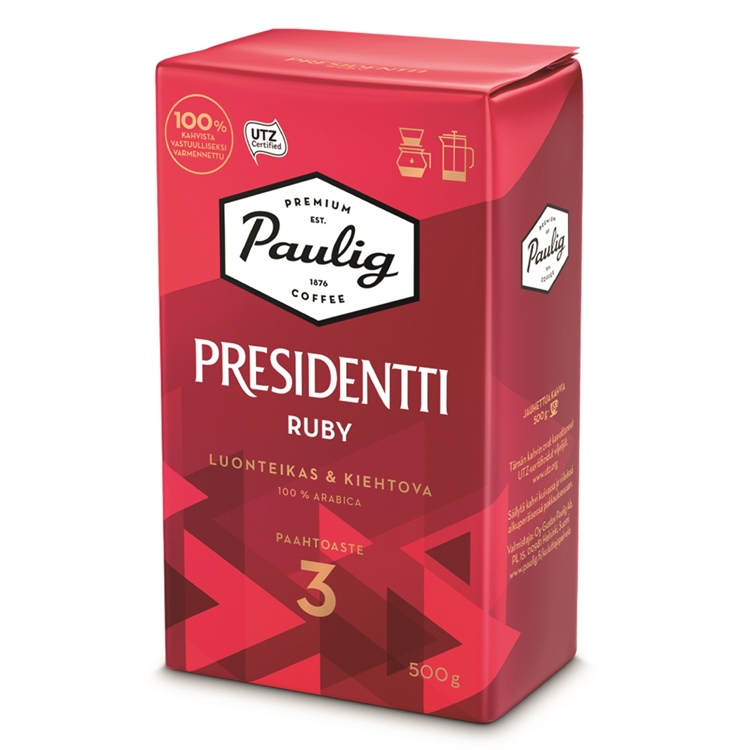 Kahvi Paulig Presidentti Ruby HJ UTZ 500g - hienostuneen marjaisa ja pehmeän suklainen maku