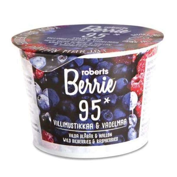 Välipalajuoma Berrie villimustikka-vadelma 100ml - valmistettu Suomessa kokonaisista marjoista