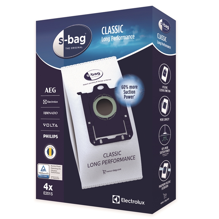 Pölypussi Electrolux E201 /4 kpl pkt - S-bag® Classic Long Performance suodattaa 40 % paremmin