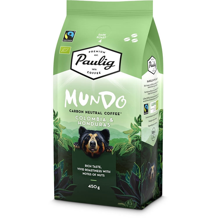 Kahvi Paulig Mundo Kolumbia & Honduras papu 8 x 450 g - Reilun kaupan hiilineutraali luomukahvi