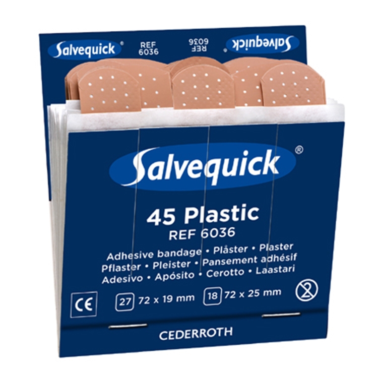 Muovilaastari Salvequick 6036 6x45 kpl - joustava ja allergiatestattu laastari
