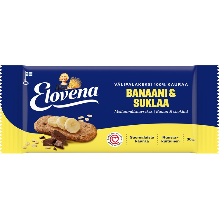 Välipalakeksi Elovena Banaani & suklaa 30g /30 - 100 % suomalaista kauraa, rapsiöljyä