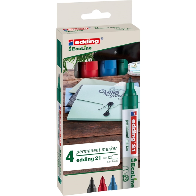 Huopakynä edding 21 Ecoline 1,5-3mm 4 väriä - ilmastoneutraali, kierrätysmateriaalia, pysyvä muste