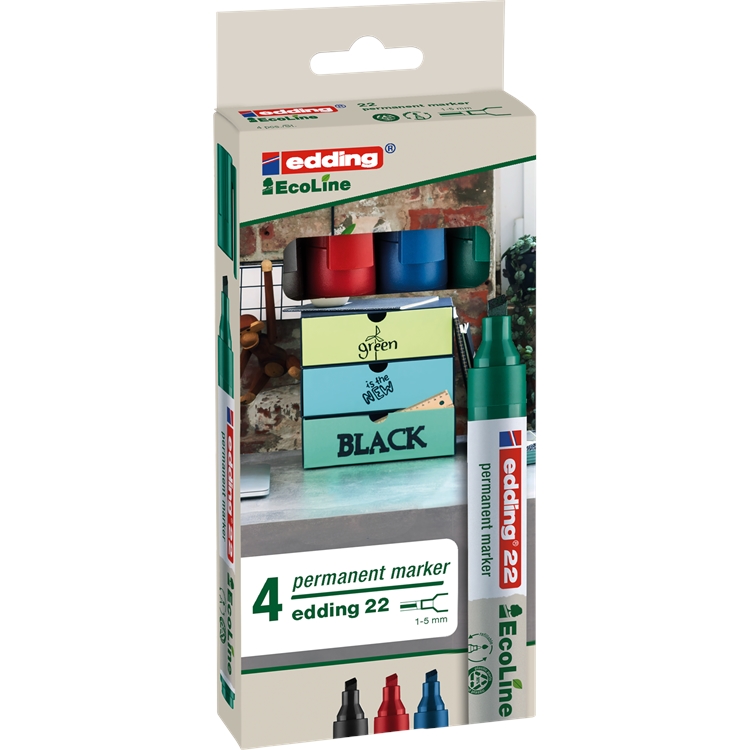 Huopakynä edding 22 Ecoline 1-5mm 4väriä - ilmastoneutraali, kierrätysmateriaalia, pysyvä muste