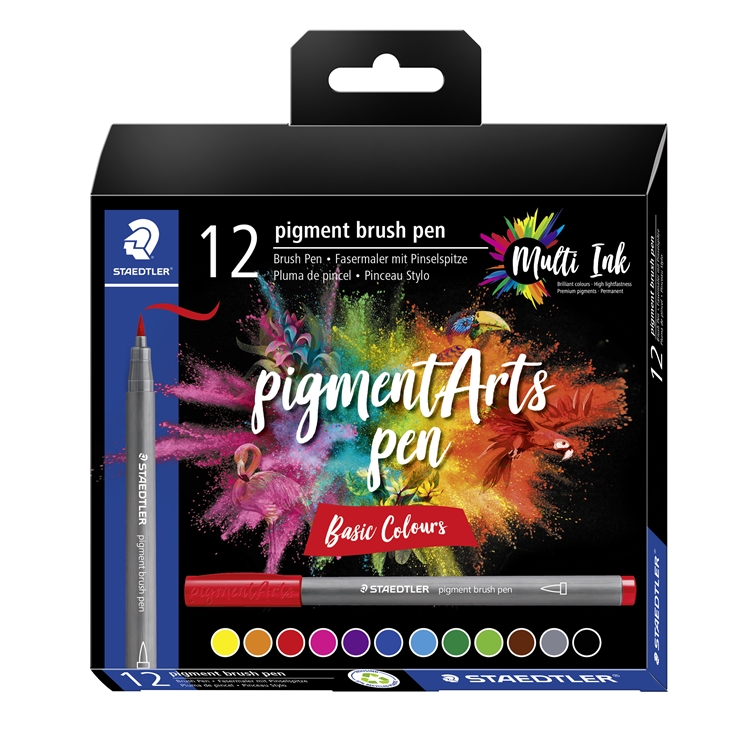 Staedtler Pigment Arts brush pen kirkkaat/12 - laadukas kuitukynäsarja sivellinkärjellä