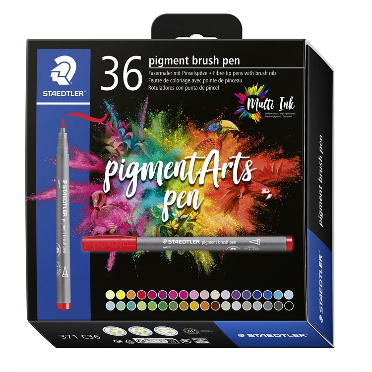 Staedtler Pigment Arts brush pen värilajitelma /36 - laadukas kuitukynäsarja sivellinkärjellä