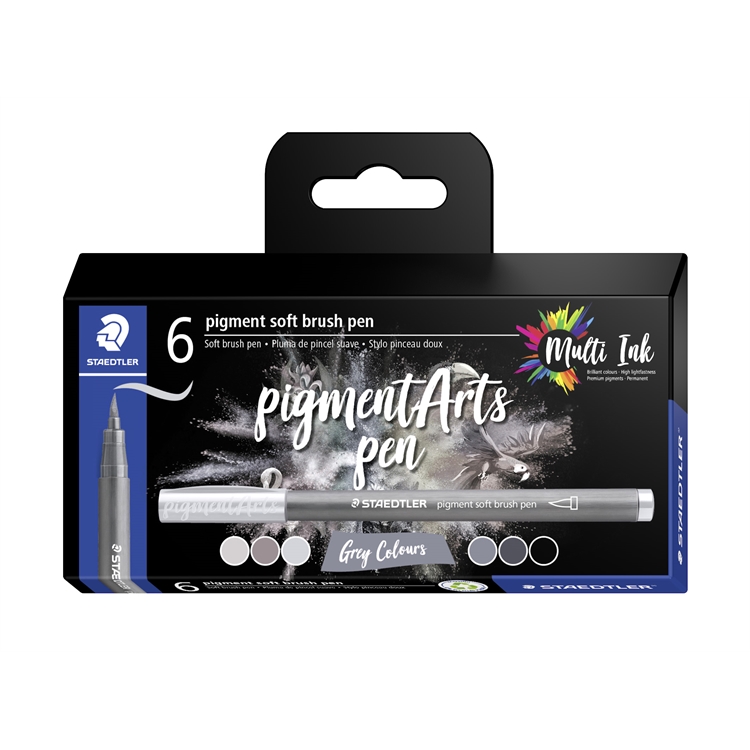 Staedtler Pigment Arts brush pen harmaat /6 - laadukas kuitukynäsarja sivellinkärjellä