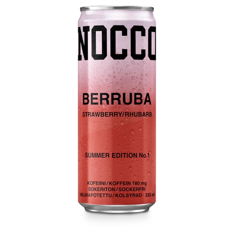 Energiajuoma Nocco Berruba 0,33 L (ei sis pantti) - sokeriton, BCAA, kofeiinia, mansikka-raparperi