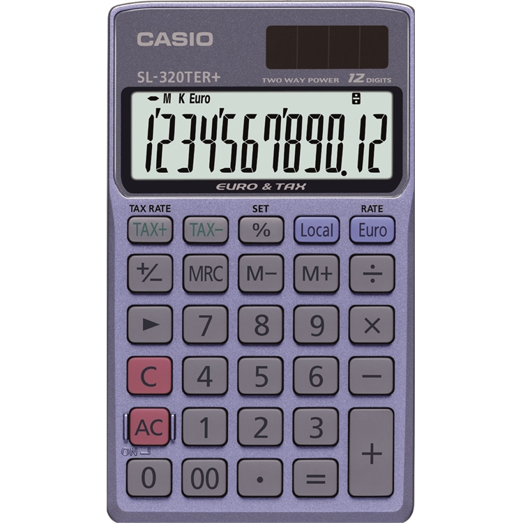 Nelilaskin Casio SL-320 TER - lompakkomallinen paristovarmennettu valokennolaskin